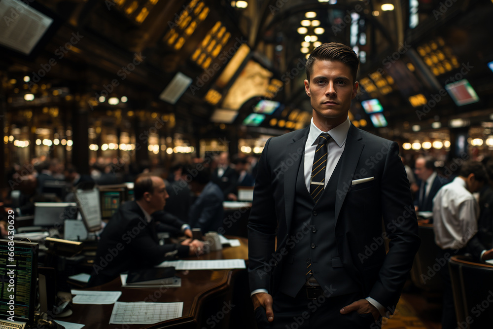 Fototapeta premium Portrait of Stock Market Trader man in suit. Generative AI image.