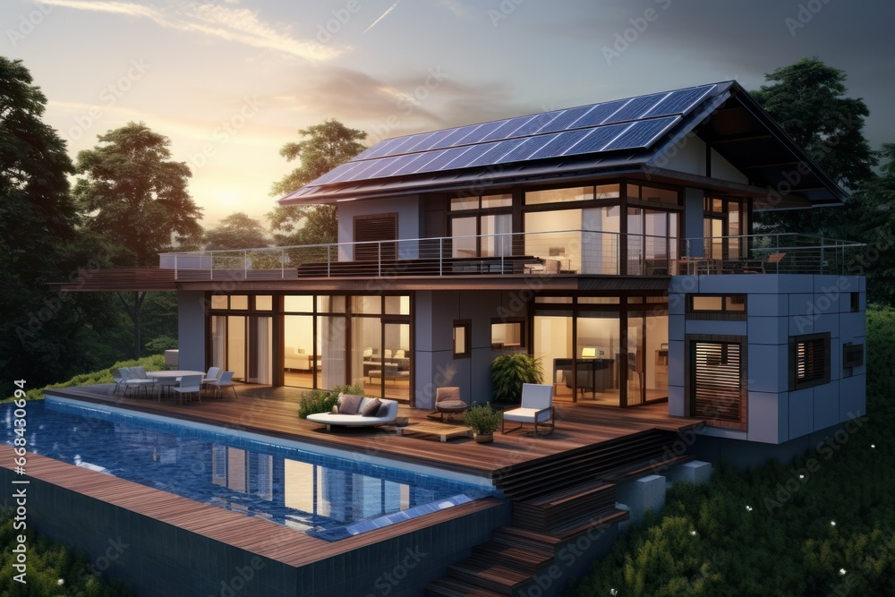 Solar panels are seamlessly integrated into the design of a modern home.