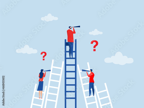 Decision making concept Businessman looking binoculars on question mark about career path work direction or choose the right way to success concept vector