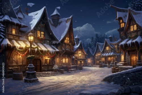 Snow-covered village with cozy cottages and lights.