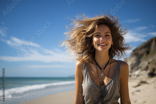 Portrait of a beautiful girl on a lonely beach on a sunny day. Generative ai image.