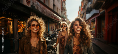Three cheerful tourist girls walking through the streets of a city. Generative ai image.