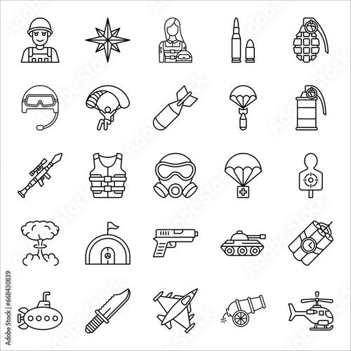 WAR Icon Set, Vector Editable Line Icons, Military Equipment, vector illustration on white background