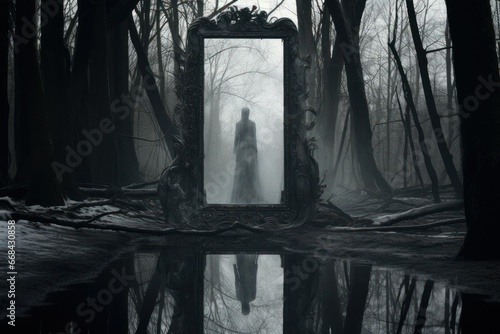 Spine-chilling mirror reflecting a ghostly figure. photo