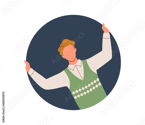 People in hole concept. Man with teleportation and separation. Young guy look at big portal. Template and layout. Cartoon flat vector illustration isolated on white background