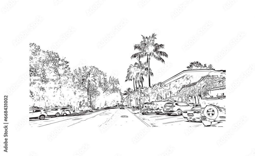 Building view with landmark of Siesta Key is a barrier island in Florida. Hand drawn sketch illustration in vector.