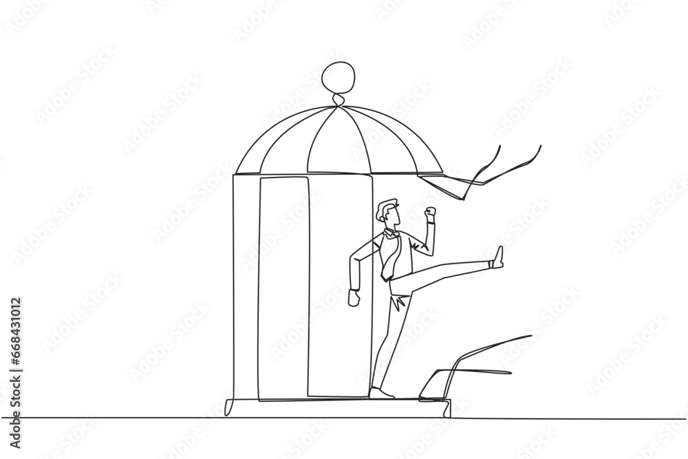 Single one line drawing businessman trapped in cage kick the cage until wrecked. Freedom of expression for the smooth running of business. Distractions. Continuous line design graphic illustration