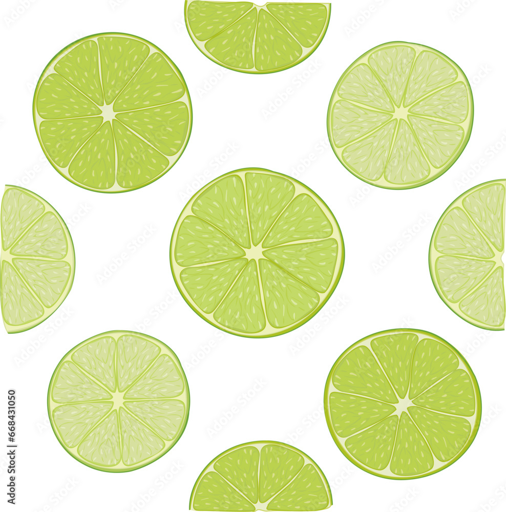 
Color illustration of fresh lime slices. 
Vector illustration of fresh citrus cuts of nine lime pieces. Image of summer fruit salad of lime slices in vector. Illustrations of citrus tropical fruits. 