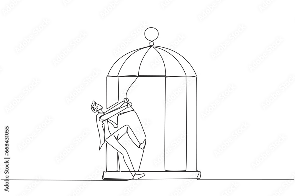 Single continuous line drawing businessman pull the iron bars until dented. Describes anger. Businessman expressing disappointment. Unhappy feeling. Exasperated. One line design vector illustration Single continuous line drawing businessman pull the iron bars until dented. Describes anger. Businessman expressing disappointment. Unhappy feeling. Exasperated. One line design vector illustration