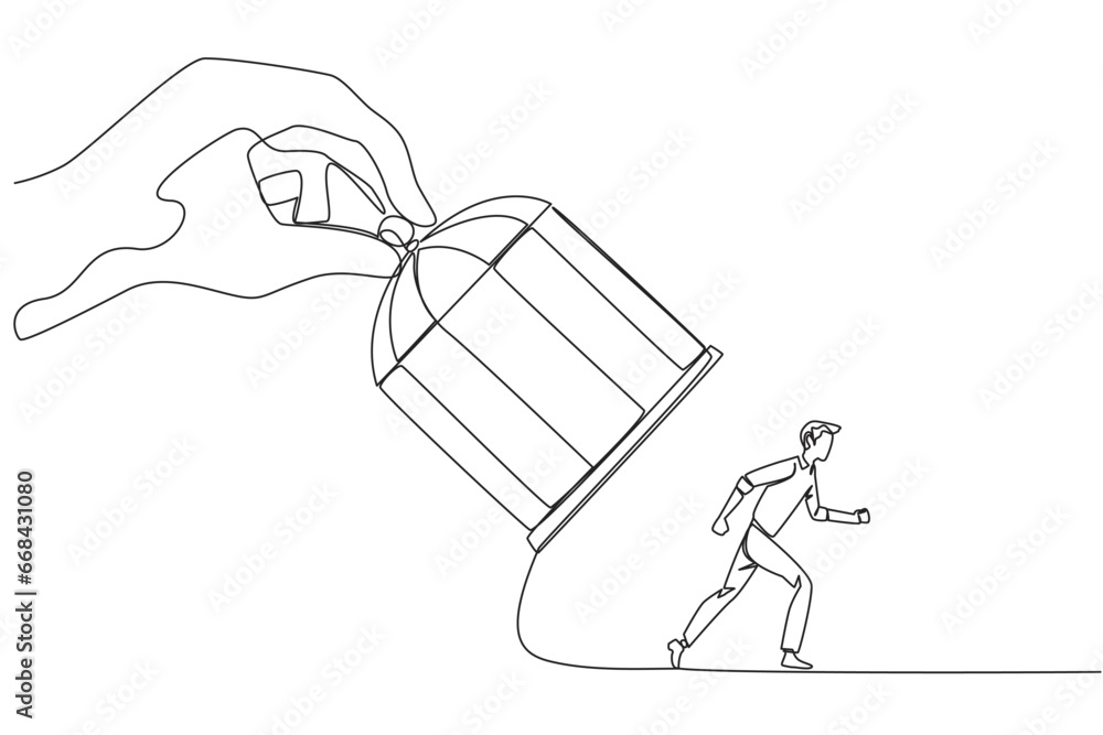 Continuous one line drawing big hand holding the iron cage, catch ...