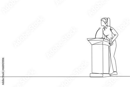 Single one line drawing young businesswoman speech standing behind the podium. Give oration that women can be more independent. Encourage through words. Continuous line design graphic illustration