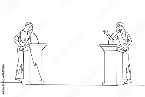 Single one line drawing two Arabian businessman arguing on podium. Throwing opinions on the best way to deal with global warming. Open dialogue. Debating. Continuous line design graphic illustration