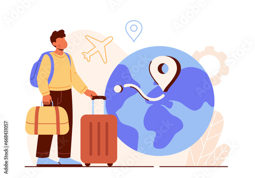Immigration scene concept. Man with suitcase near planet and globe. Traveller and tourist. Relocation to another country. Cartoon flat vector illustration isolated on white background