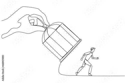 Continuous one line drawing big hand holding the iron cage, catch businessman. Want to trap in any way. Enter the trap. Unfair business competition. Lost. Single line draw design vector illustration