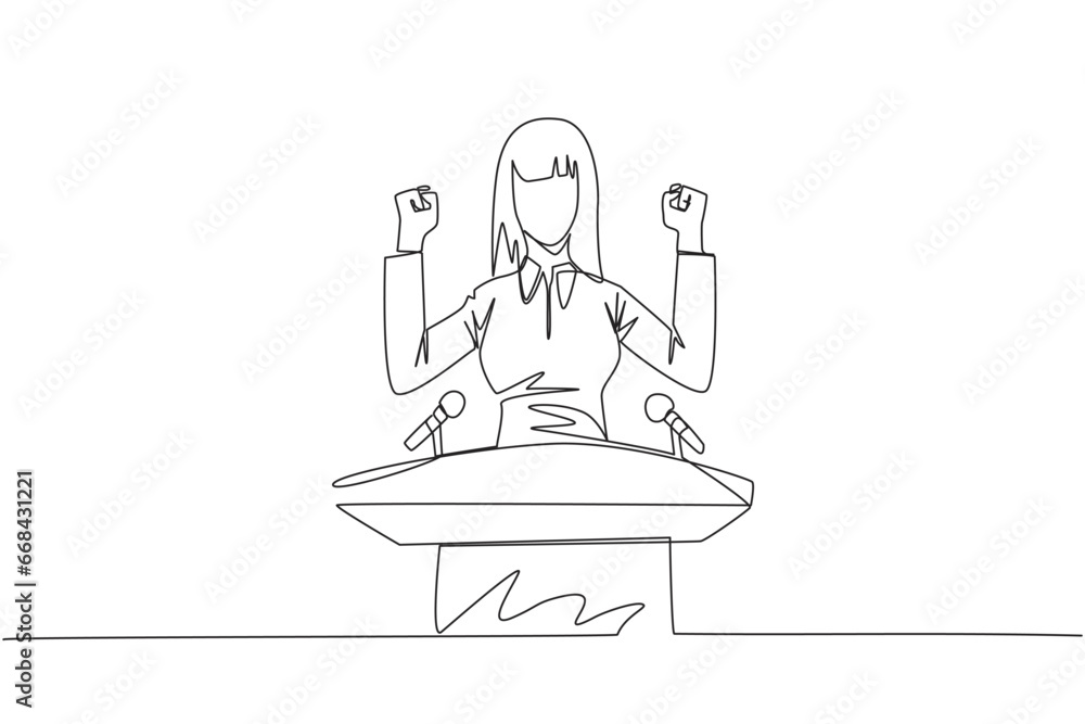 Continuous one line drawing young businesswoman speaking at the podium while raising and clenching both hands. Styled like a politician seeking votes. Single line draw design vector illustration