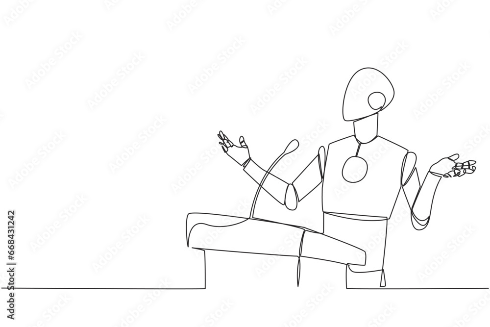 Single one line drawing smart robotic speaking at the podium while opening hands. Explain the history of the company to become a multinational company. Continuous line design graphic illustration Single one line drawing smart robotic speaking at the podium while opening hands. Explain the history of the company to become a multinational company. Continuous line design graphic illustration