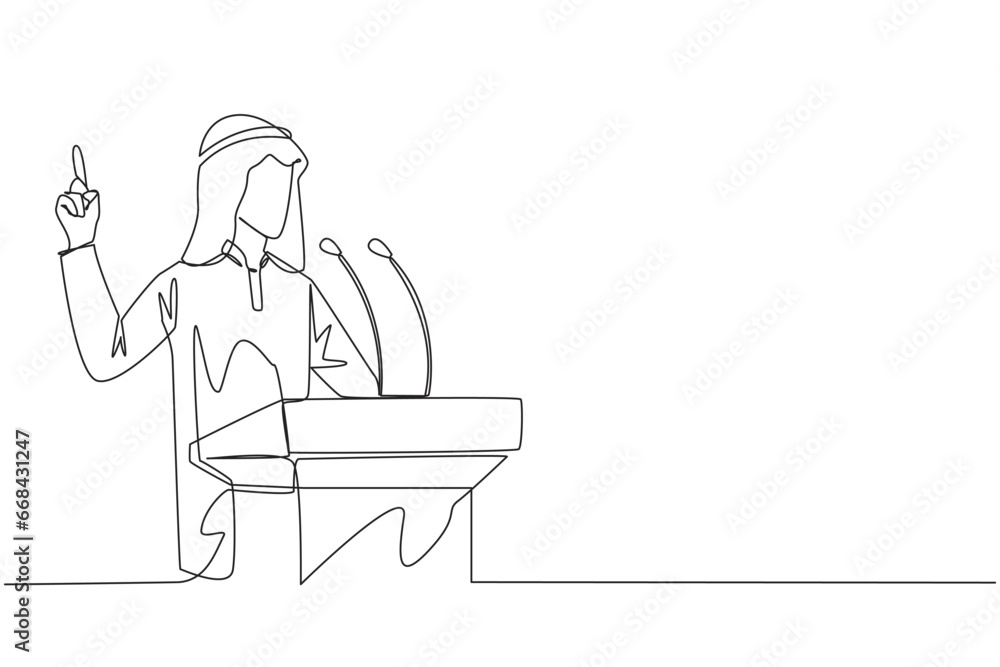 Single continuous line drawing young Arabian businessman speaking at the podium while lifting index finger up. He made favorable statement for the company. Oration. One line design vector illustration