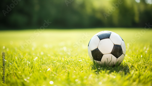 Vibrant Soccer Ball on Green Grass with Copy Space