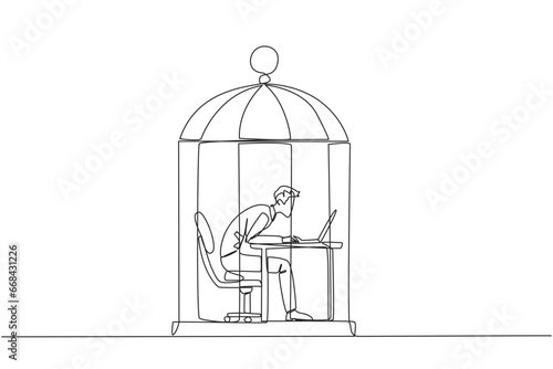 Single one line drawing businessman trapped in cage working on laptop computer. Plan to take annual leave to get away from routine. Workaholic. Overtime. Continuous line design graphic illustration