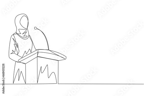 Continuous one line drawing young Arabian businesswoman speaking at podium. Announced greatly improved business balance sheet. A fun speech for all parties. Single line draw design vector illustration