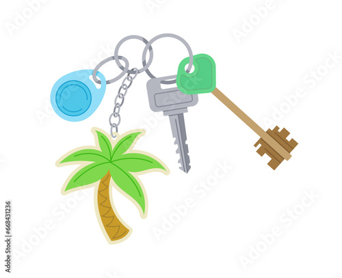 Key with keychain. Toys and keychains at pedant. Cottage and townhouse, padlock. Palm and blue magnetic key. Poster or banner. Cartoon flat vector illustration isolated on white background