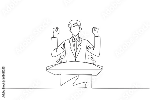 Single one line drawing young energetic businessman speaking at the podium while raising and clenching both hands. Styled like a politician seeking votes. Continuous line design graphic illustration