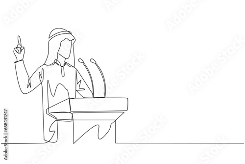 Single continuous line drawing young Arabian businessman speaking at the podium while lifting index finger up. He made favorable statement for the company. Oration. One line design vector illustration