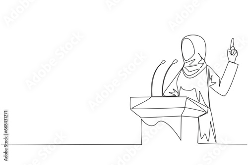 Single continuous line drawing young Arabian businesswoman speaking at the podium while lifting index finger up. She made a favorable statement for the company. One line design vector illustration