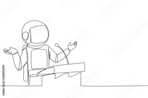 Single continuous line drawing young happy astronaut speaking at the podium while opening hands. Explain history of the company to become a multinational company. One line design vector illustration
