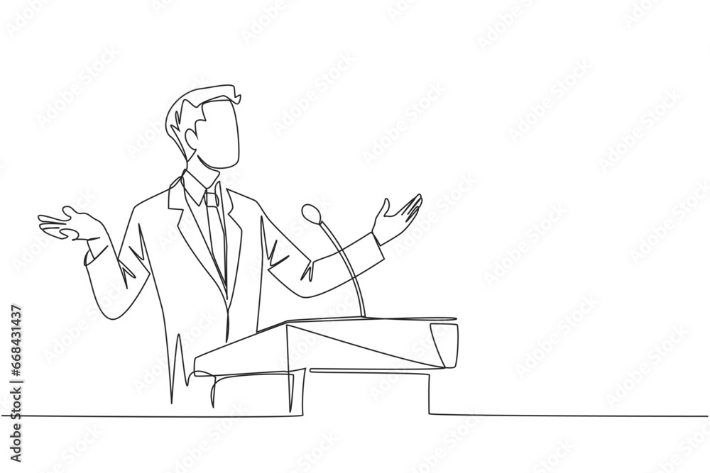 Single one line drawing young businessman speaking at the podium while opening hands. Explain the history of the company to become a multinational company. Continuous line design graphic illustration