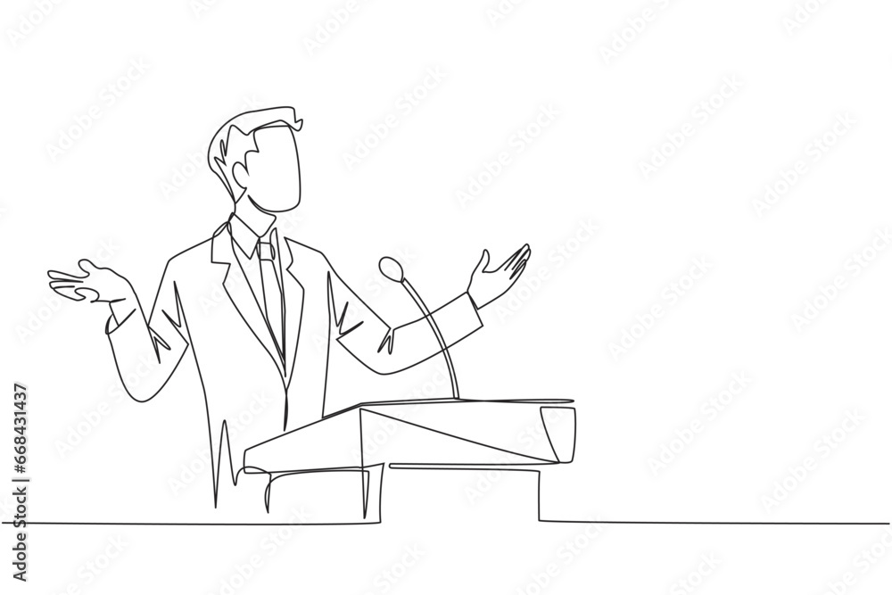 Single one line drawing young businessman speaking at the podium while opening hands. Explain the history of the company to become a multinational company. Continuous line design graphic illustration Single one line drawing young businessman speaking at the podium while opening hands. Explain the history of the company to become a multinational company. Continuous line design graphic illustration