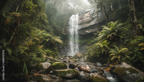 Tranquil tropical rainforest landscape  flowing water  wet rock  natural beauty generated by AI
