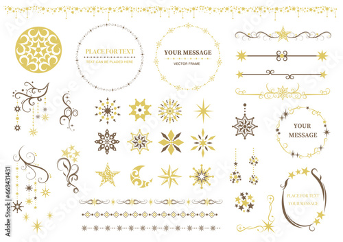 おしゃれな枠　あしらい　レトロな星のアイコン　装飾パーツとフレームセット　キラキラ　クリスマス　ビンテージ　ベクター