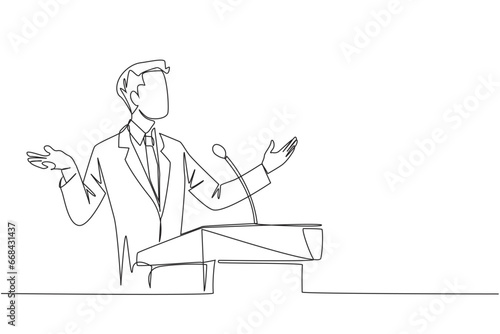Single one line drawing young businessman speaking at the podium while opening hands. Explain the history of the company to become a multinational company. Continuous line design graphic illustration