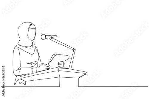 Single one line drawing Arabian businesswoman speaking on podium holding piece of paper. Make welcoming speech. Entrepreneur has new business branch. Happiness. Continuous line graphic illustration