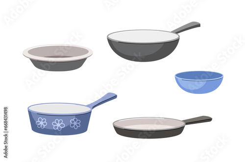 Kitchenware items set. Dishware for cooking and preparing food. Frying pan with blue bowl. Kitchen utensil. Template and layout. Cartoon flat vector collection isolated on white background