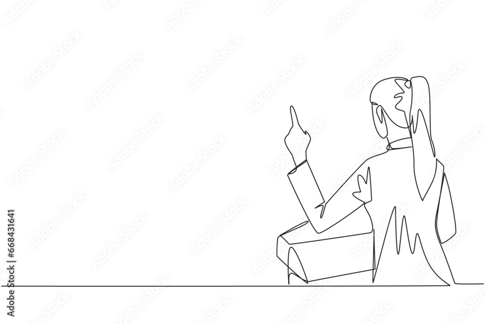 Continuous one line drawing from back view young businesswoman speak at podium while lifting index finger. Businesswoman in Conference Hall present new business. Single line draw vector illustration