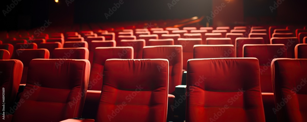 Obraz premium Empty row of red seat in the cinema rooms , Movie theater seat horizontal banner