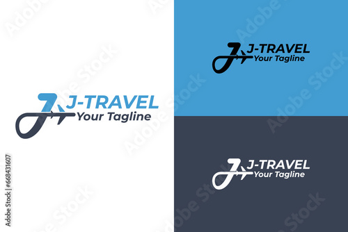 Alfa Travel logo and letter j. Aviation agency design. Vector illustration