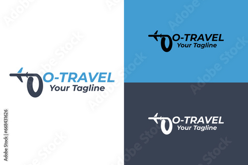 Alfa Travel logo and letter o. Aviation agency design. Vector illustration