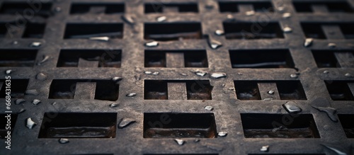 Square patterned macro background of an aged metal manhole with selective focus