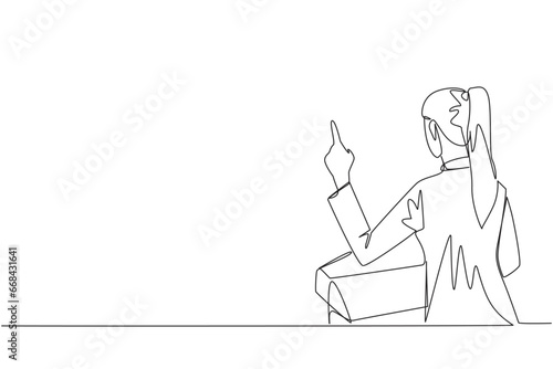 Continuous one line drawing from back view young businesswoman speak at podium while lifting index finger. Businesswoman in Conference Hall present new business. Single line draw vector illustration