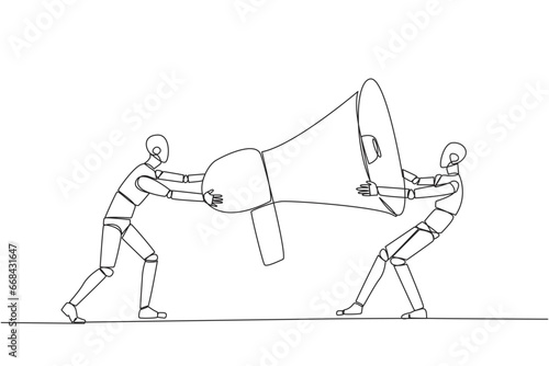 Fototapeta Naklejka Na Ścianę i Meble -  Continuous one line drawing two emotional robot fighting over megaphone. Scramble to announce vacancies and look for reliable employees. Conflict. Attack. Single line draw design vector illustration