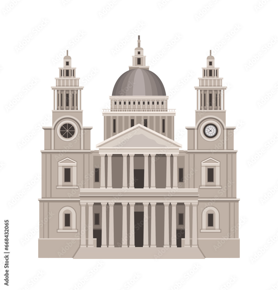 London architecture element. Traditional britain sightseen. Grey ancient tower or castle. Sticker for social networks and messengers. Cartoon flat vector illustration isolated on white background