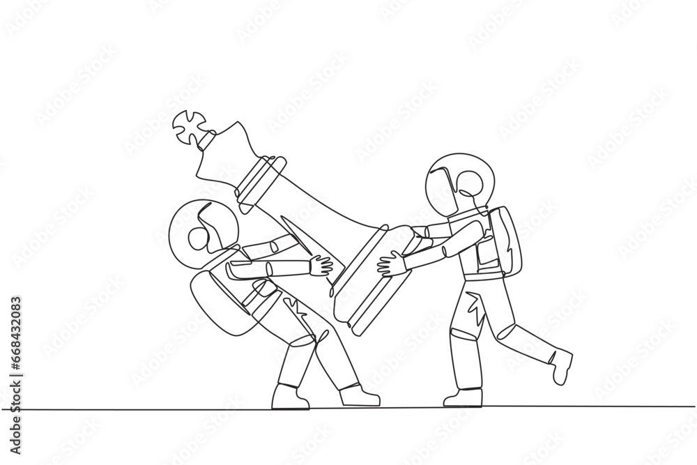 Single one line drawing two angry astronaut fight over the big king chess pieces. The metaphor of scrambling to save a business by helping investors. Rival. Continuous line design graphic illustration