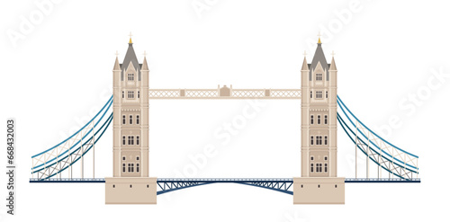 London architecture element. Traditional britain sightseen. Grey ancient bridge with towers. United kingdom. Poster or banner. Cartoon flat vector illustration isolated on white background