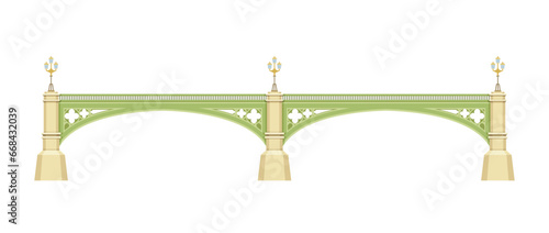 London architecture element. Traditional britain sightseen. Green ancient bridge with towers. Trip and travel. Template and layout. Cartoon flat vector illustration isolated on white background photo