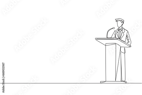 Continuous one line drawing inspirational businessman give speech at the podium. Convey tips for success in doing business by continuing to preserve nature. Single line draw design vector illustration