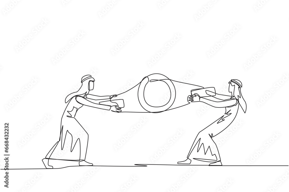 Continuous one line drawing two Arabian businessman fighting over boxing belt. Fight for to be the greatest and strongest businessman. Businessman battle. Single line draw design vector illustration Continuous one line drawing two Arabian businessman fighting over boxing belt. Fight for to be the greatest and strongest businessman. Businessman battle. Single line draw design vector illustration