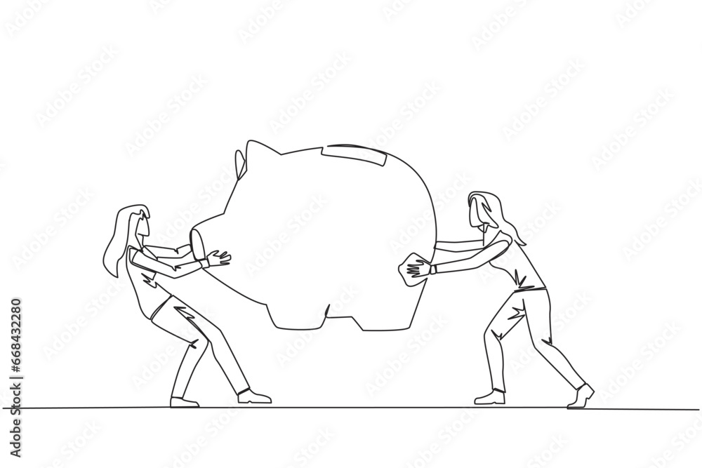Fototapeta premium Single one line drawing two selfish businesswoman fighting over big piggy bank. Arguing and each other feel entitled. Businesswoman versus businesswoman. Continuous line design graphic illustration